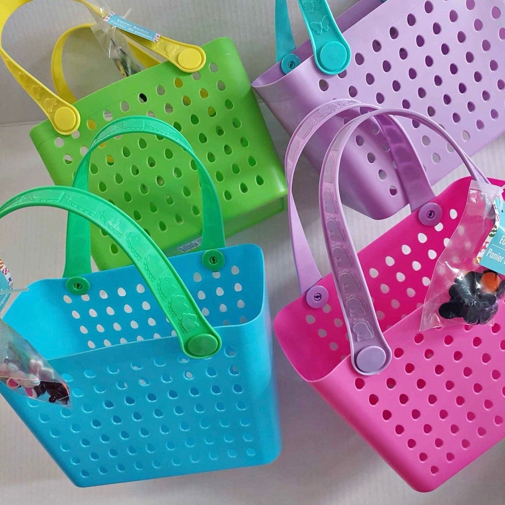 4X VIRAL EASTER MINI "BOGG" TOTE BASKETS BLUE, GREEN, PINK, PURPLE W/ CHARMS